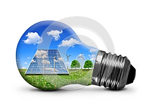 Solar panels and wind turbines in light bulb