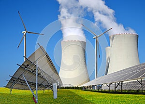 Solar panels, wind turbines and nuclear power plant.