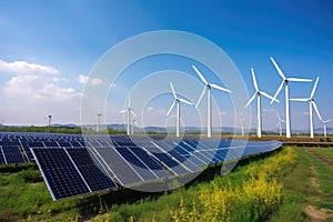 Solar panels and wind turbines in a solar power plant, alternative electricity source, Solar panels and wind turbines generate