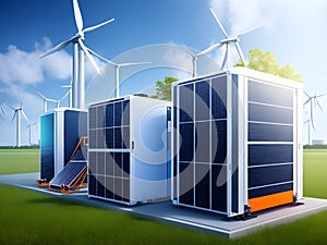 Solar panels and wind turbines. Renewable energy concept. 3D rendering