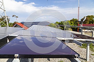 Solar panels,wind turbines on sky background,natural Energy