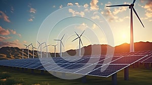 Solar panels and wind turbines with sunrise. Generative AI