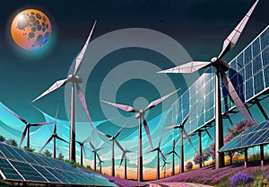 Solar panels and wind turbines at sunset. Alternative energy source concept., generative ai