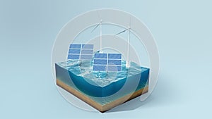 Solar panels with wind turbines on surface sea, ocean. Piece of land, sea in cross section. Concept clean energy, green