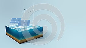 Solar panels with wind turbines on surface sea, ocean. Piece of land, sea in cross section. Concept clean energy, green