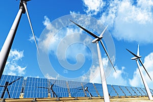 Solar panels and Wind Turbines under cloudy blue s