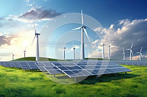 Solar panels with windmills in a grassy field