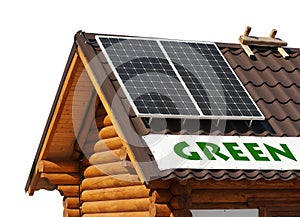 Solar panels on wooden house.