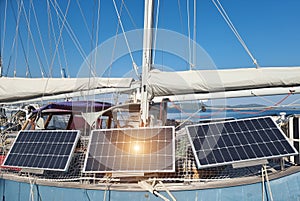 solar panes on sailing boat electric power sea blue sun