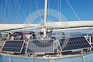 solar panes on sailing boat electric power sea blue sun