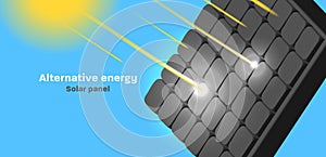 Solar pannels vector 3d illustration with battery and sun rays