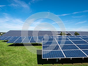 Solar park photovoltaic system stands in the field