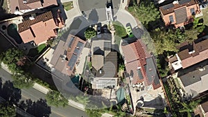 Solar Photovoltaic Panel Array on Rooftops Houses in Calabasas, Aerial View