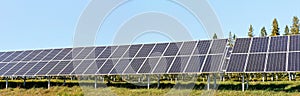 Solar photovoltaic panels on green grass meadow, clear sky above trees background, wide banner photo