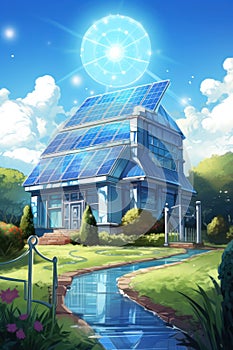 Solar photovoltaic panels on house roof photo