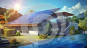 Solar photovoltaic panels on house roof photo