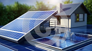Solar photovoltaic panels on house roof, digital model, project visualization, autonomous power supply