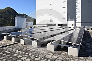 A solar photovoltaic system array on a rooftop in Hong Kong