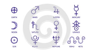 Solar planet signs hand drawn with blue pen. Vector astrological planetary symbols set. Sun earth moon mars saturn venus jupiter