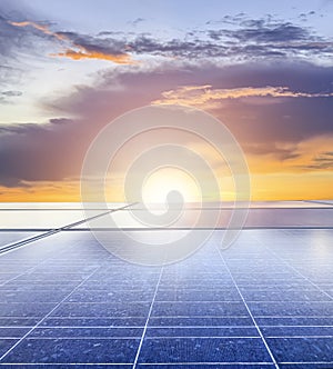 Solar plantsolar cell with the sun set, hot climate causes increased power production, Alternative energy to conserve the world