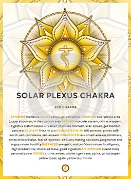 SOLAR PLEXUS CHAKRA Manipura: Chakra symbol infographic with detailed description & characteristics