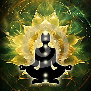 Solar plexus chakra (Manipura) meditation in yoga lotus pose, in front of yellow lotus flower.