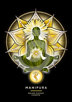 Solar Plexus chakra meditation in yoga lotus pose, in front of Manipura chakra symbol.