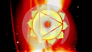 Solar Plexus Manipura Chakra Mandala Spins in Golden Energy Field of Fire