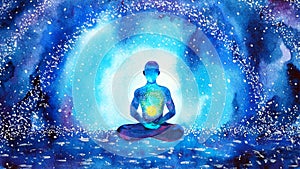 Solar plexus yellow chakra human meditate mind mental health yoga spiritual healing meditation peace watercolor painting photo