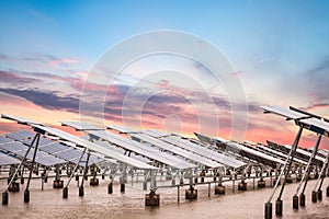 Solar power farm at dusk