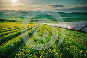 Solar power farms in a green meadow in the sunshine