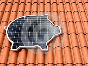 Solar power panel. 3D illustration of a solar panel in the shape of a piggy bank on a portuguese tile roof.