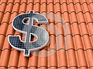 Solar power panel. 3D illustration of a solar panel in the form of a dollar sign on a roof made of Portuguese tiles.