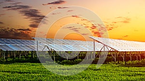 Solar power panels and natural landscape in sunny summer