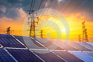 Solar power panels and natural landscape in sunny summer