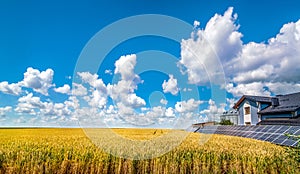 solar power panels near a wheat field and cloudly sky