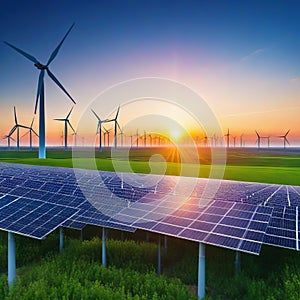 solar power plant with wind turbines at sunset under a blue Power plant with an electric turbine and solar Concepts of