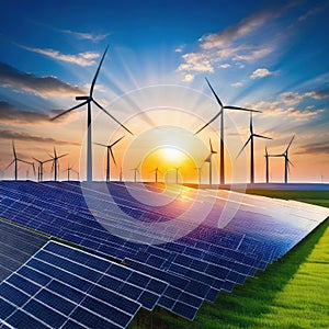 solar power plant with wind turbines at sunset under a blue Power plant with an electric turbine and solar Concepts of