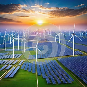 solar power plant with wind turbines at sunset under a blue Power plant with an electric turbine and solar Concepts of