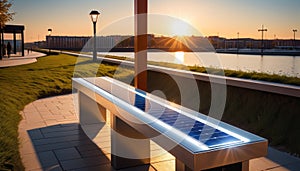 Solar-Powered Bench in Riverside Park at Sunset