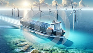 Solar-Powered Cargo Ship and Offshore Wind Turbines,epresenting a harmonious blend of maritime transport and renewable energy