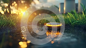 A solar-powered device on grass illuminated by sunlight in the late afternoon photo