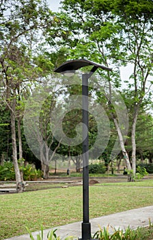 Solar-powered lantern post in the park