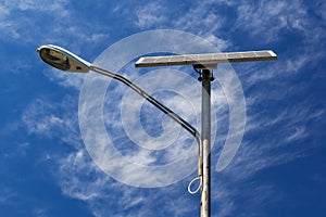 Solar powered street light with blue sky and clouds