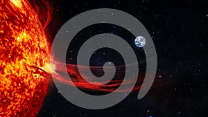 Solar prominence, solar flare, and magnetic storms. Influence of the sun`s surface on the earth`s magnetosphere photo