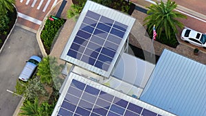Solar rooftops on commercial center in Florida. Photovoltaic panels for producing of clean ecological electrical energy
