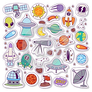 Solar system astronomy icons stickers vector set.