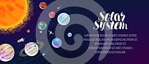 Solar system, banner. Space, sun, planets, comets, stars and constellations concept. Vector illustration