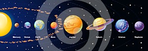 Solar system cartoon illustration with colorful planets and asteroid belt on navy blue gradient background. Vector illustration.