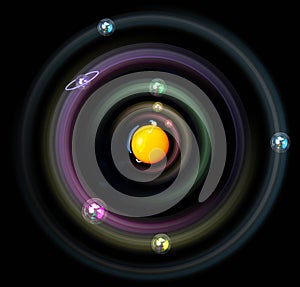 Solar system concept. Egg is symbol for sun, bubbles for planets. Planets with sun in middle. Astronomy at home. Science